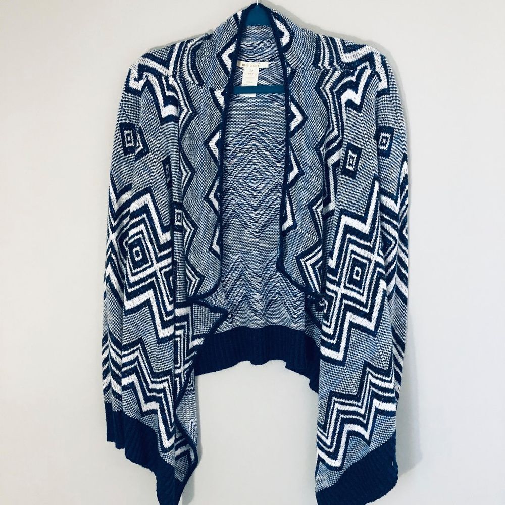 Blue white geometric print boho indie artsy open waterfall sweater - M